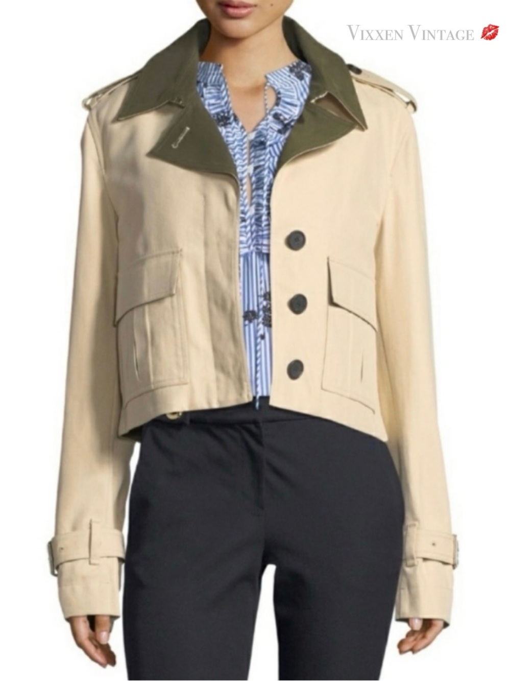 10 CROSBY DEREK LAM 2017 CONTRAST COLLARED KHAKI 'SHORT ANORAK JACKET' IN PUTTY